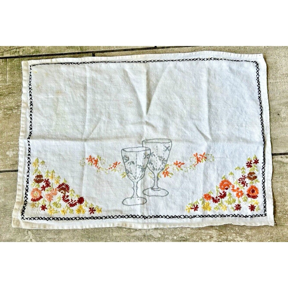 Vintage Handmade Cross Stitch Floral Wine glass Dresser Scarf Napkin‎ Cottage